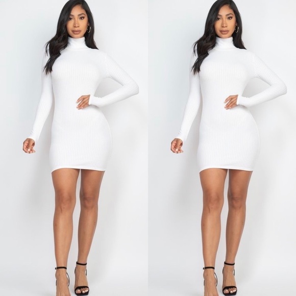 WHITE LONG SLEEVE RIBBED MOCK NECK BODYCON MINI  DRESS - Picture 1 of 4